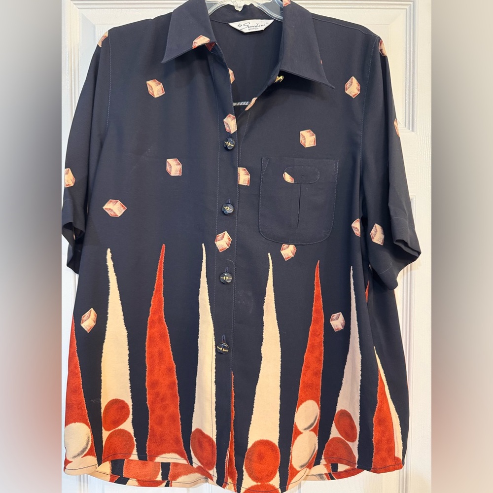 Women’s Vintage Navy and Red Button-Up Blouse